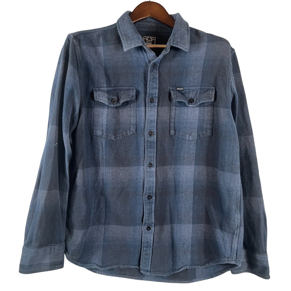 Dark Seas Division Mens L Plaid Flannel Shirt Blue Gray Cotton Workwear Casual
